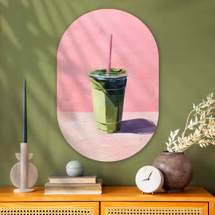 Muurovaal - Glas - Beker - Rietje - Minimalistisch - Groen — 2