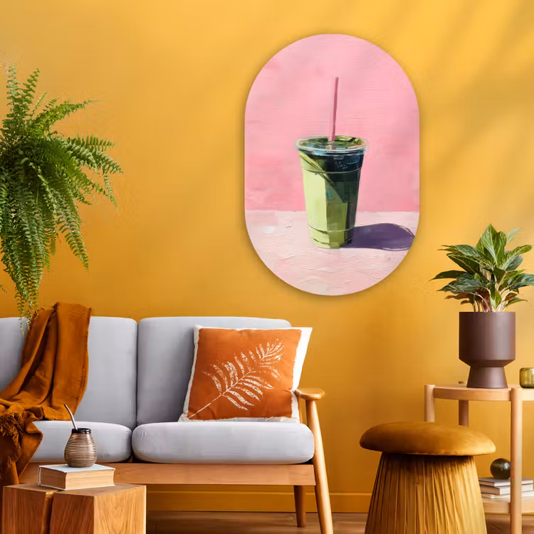 Muurovaal - Glas - Beker - Rietje - Minimalistisch - Groen — 3