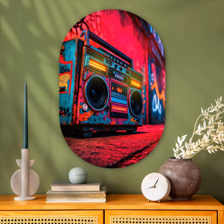 Muurovaal - Glas - Boombox - Rood - Graffiti - Neon — 2