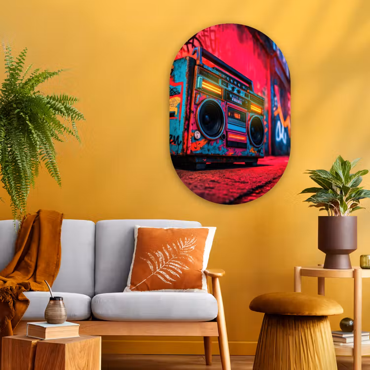 Muurovaal - Glas - Boombox - Rood - Graffiti - Neon — 3