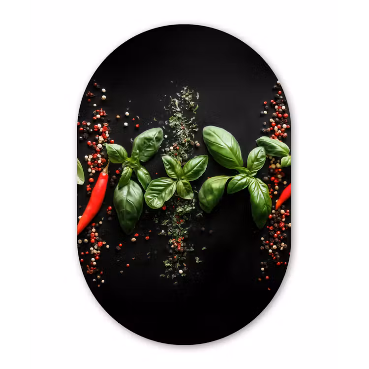 Muurovaal - Glas - Chilipepers - Basilicum - Blaadjes - Rood — 1