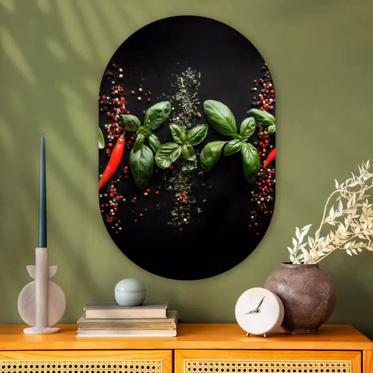 Muurovaal - Glas - Chilipepers - Basilicum - Blaadjes - Rood — 2