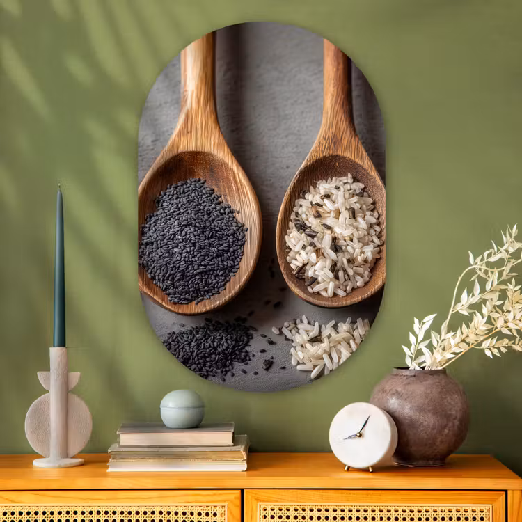 Muurovaal - Glas - Houten - Lepels - Rijst - Zaden — 2
