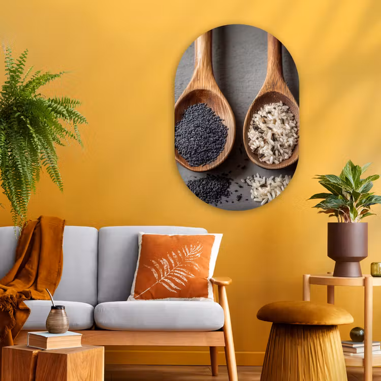 Muurovaal - Glas - Houten - Lepels - Rijst - Zaden — 3