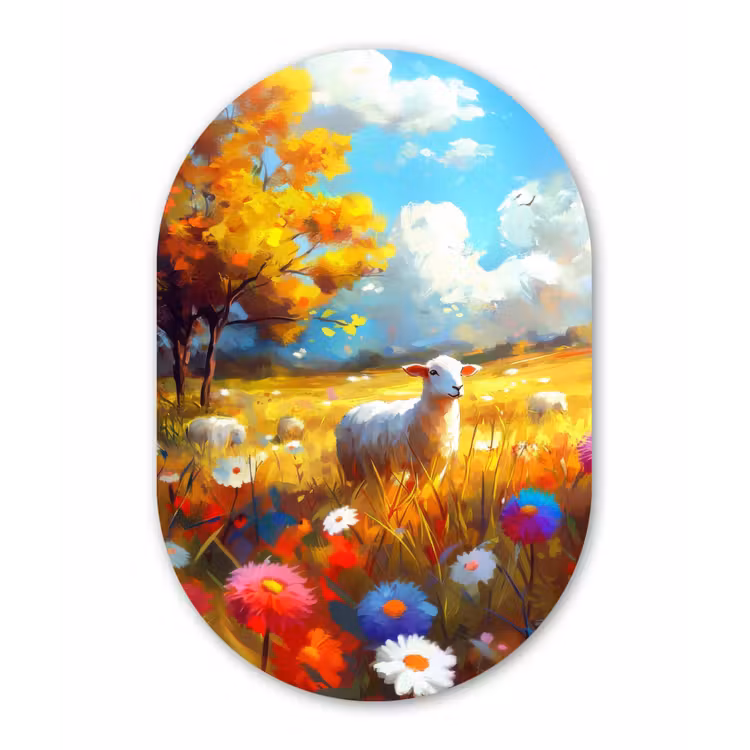 Muurovaal - Glas - Schaap - Weide - Bloemen — 1