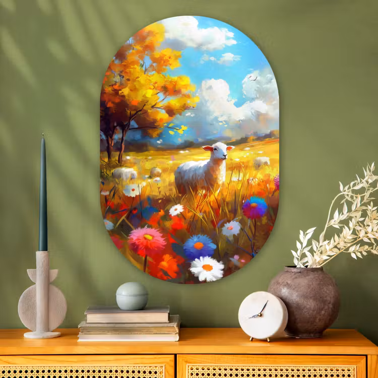 Muurovaal - Glas - Schaap - Weide - Bloemen — 2
