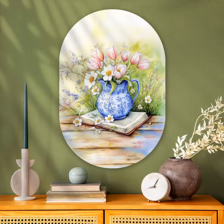 Muurovaal - Glas - Vaas - Delftsblauw - Madeliefjes — 2