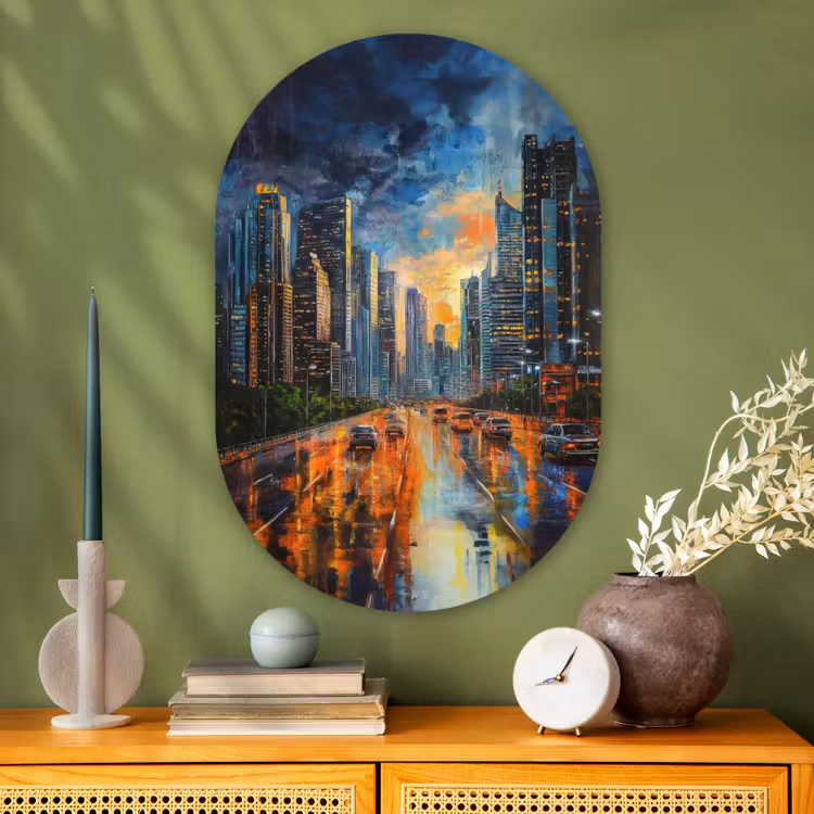 Muurovaal - Glas - Auto - Skyline - Zon - Blauw — 2