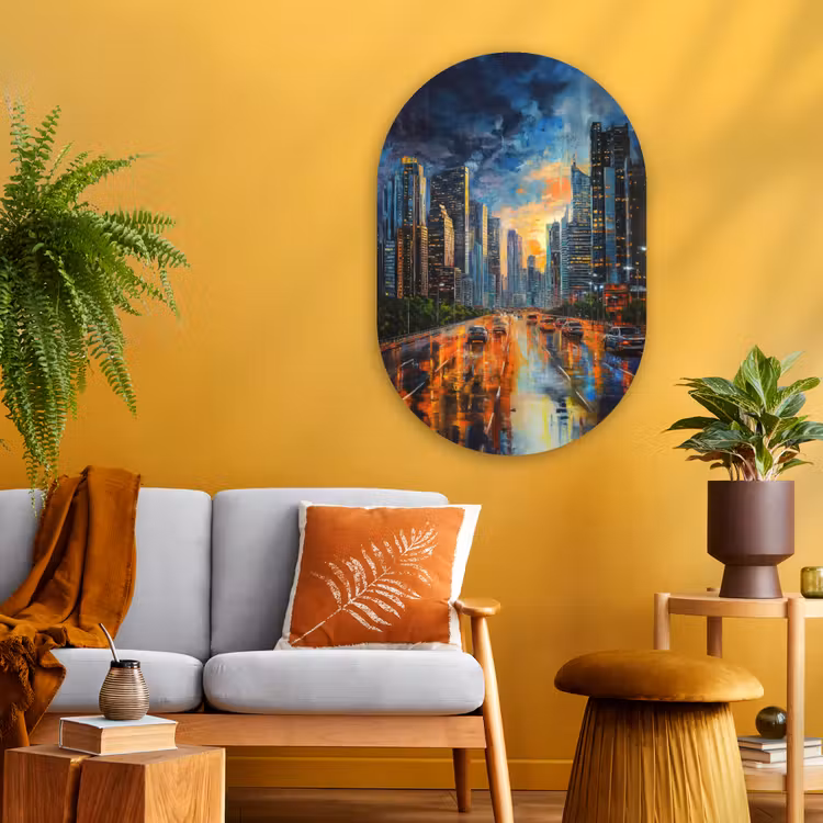 Muurovaal - Glas - Auto - Skyline - Zon - Blauw — 3