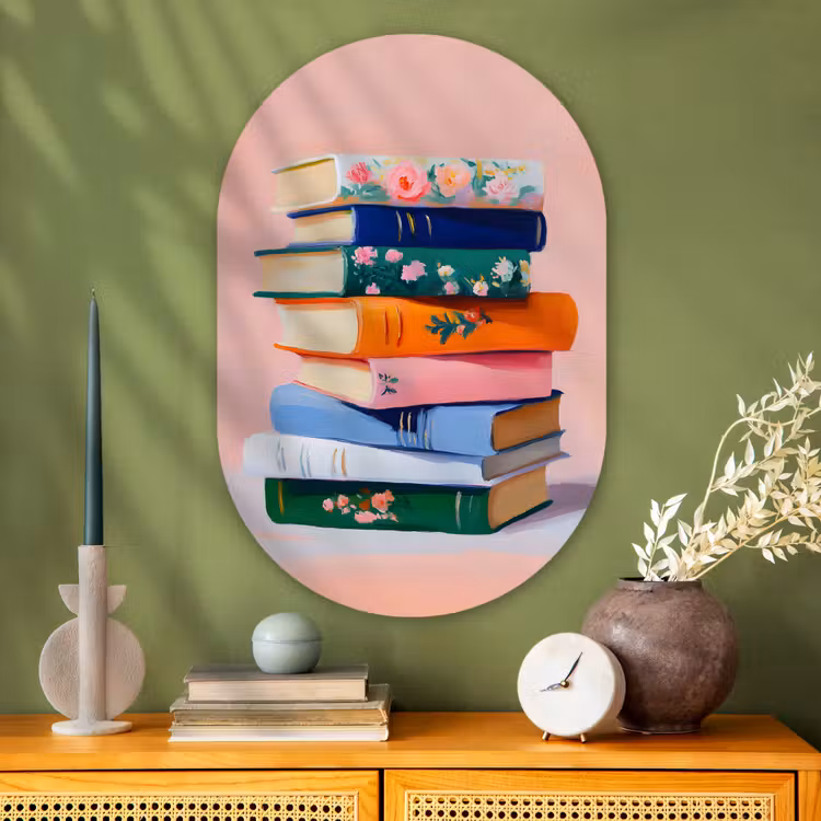 Muurovaal - Glas - Boeken - Stapel - Kleurrijk — 2