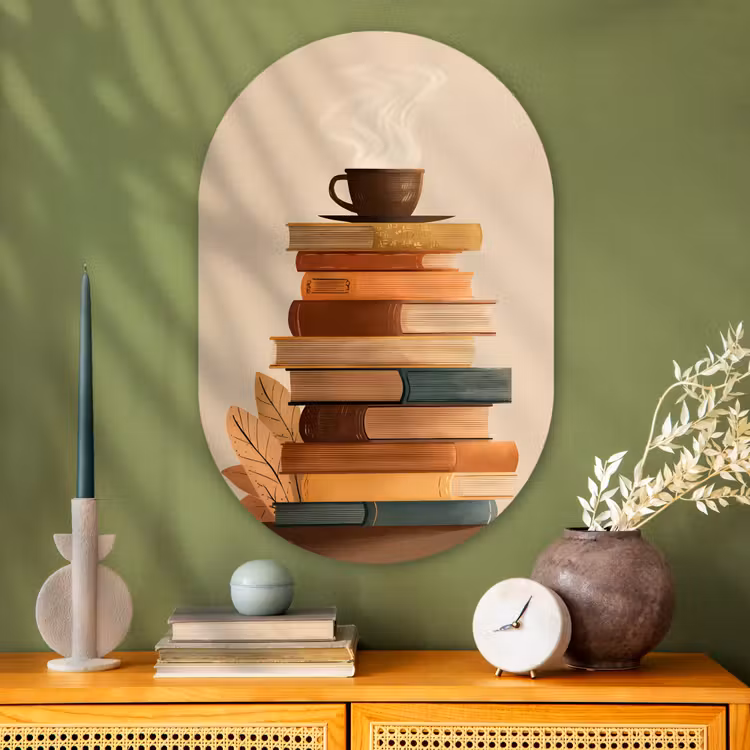Muurovaal - Glas - Boeken - Toren - Koffie - Beige — 2
