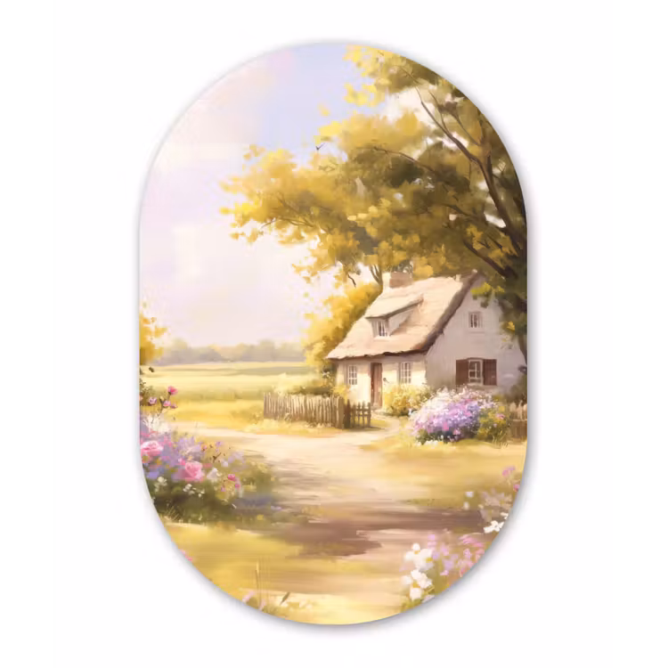 Muurovaal - Glas - Huisje - Hout - Bloemen — 1
