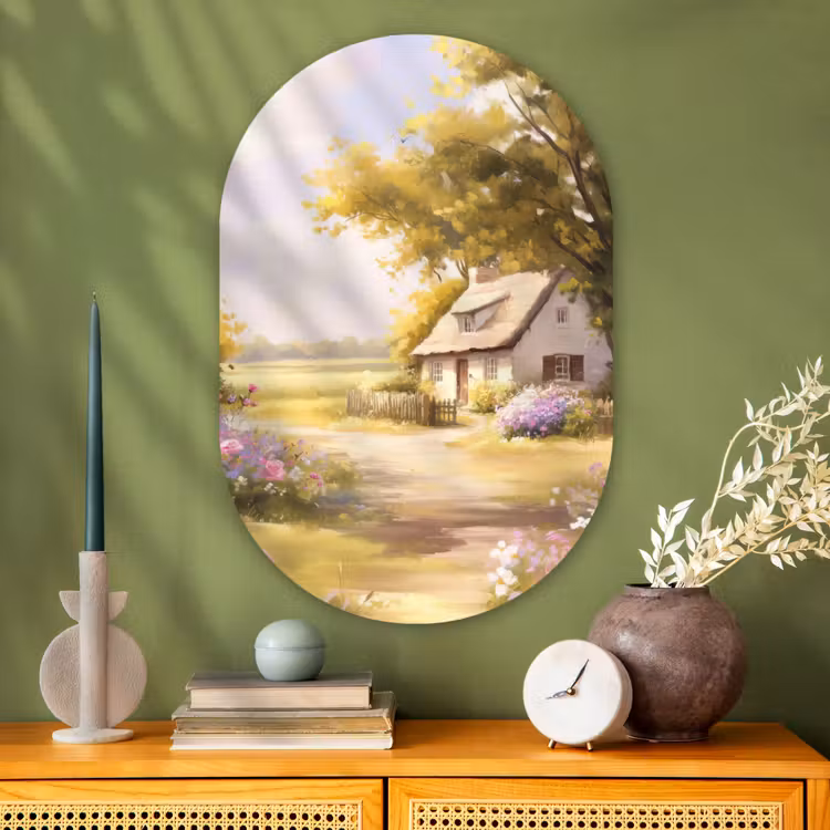 Muurovaal - Glas - Huisje - Hout - Bloemen — 2