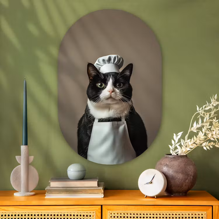Muurovaal - Glas - Kat - Kokskleding - Zwart - Wit — 2