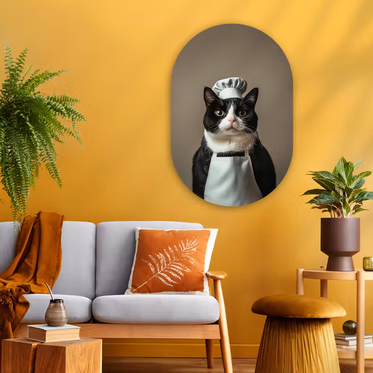Muurovaal - Glas - Kat - Kokskleding - Zwart - Wit — 3