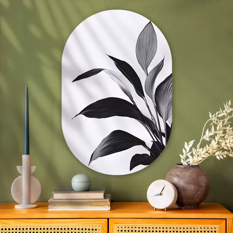 Muurovaal - Glas - Plant - Bladeren - Minimalistisch - Zwart — 2