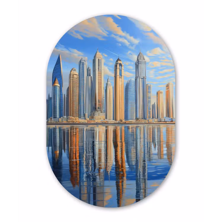 Muurovaal - Glas - Skyline - Wolkenkrabbers - Water - Blauw — 1