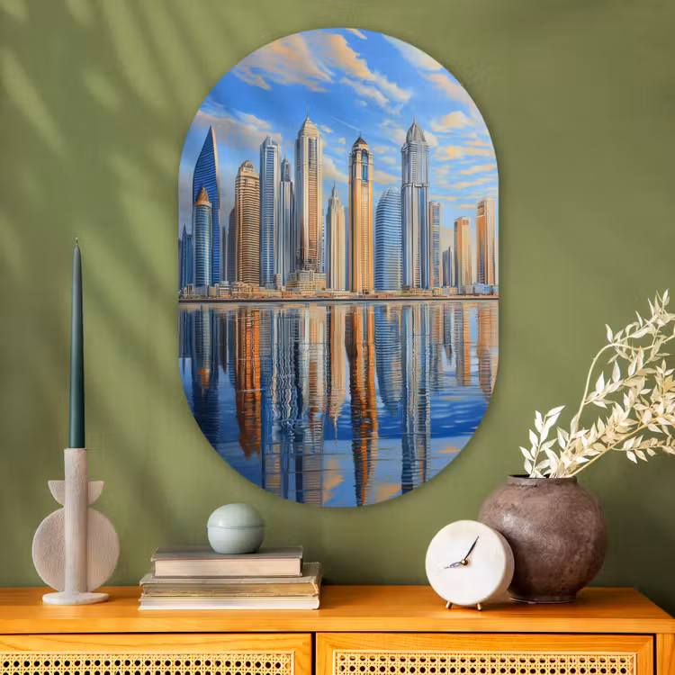 Muurovaal - Glas - Skyline - Wolkenkrabbers - Water - Blauw — 2