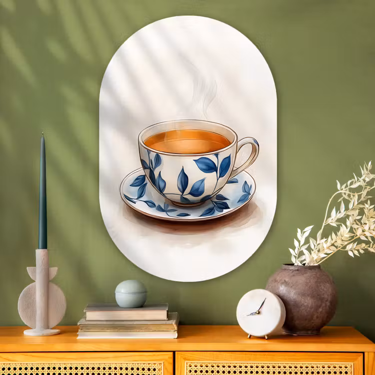 Muurovaal - Glas - Theekop - Bladeren - Blauw — 2