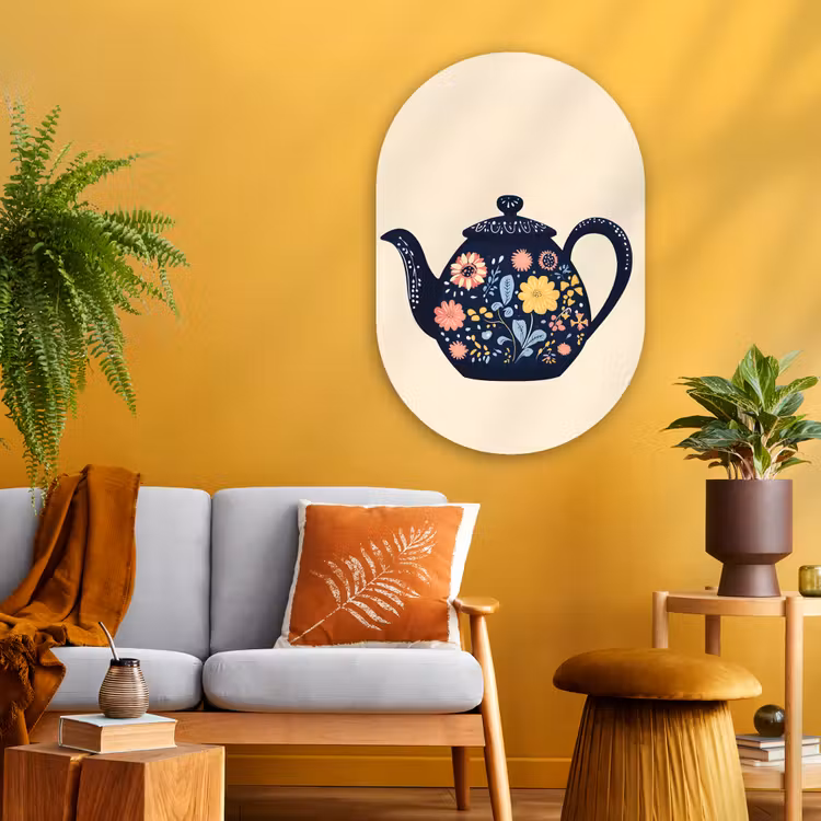 Muurovaal - Glas - Theepot - Kleurrijk - Bloemen — 3