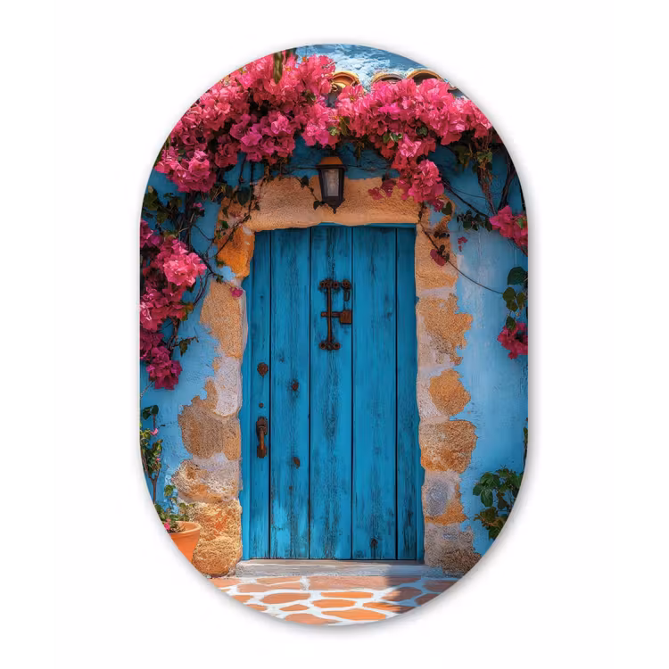 Muurovaal - Glas - Deur - Hout - Bloemen - Blauw — 1