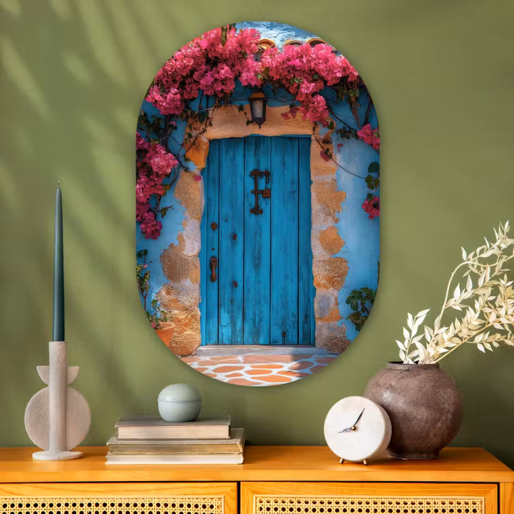 Muurovaal - Glas - Deur - Hout - Bloemen - Blauw — 2