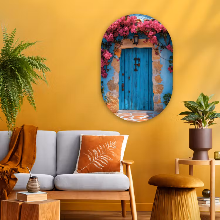 Muurovaal - Glas - Deur - Hout - Bloemen - Blauw — 3