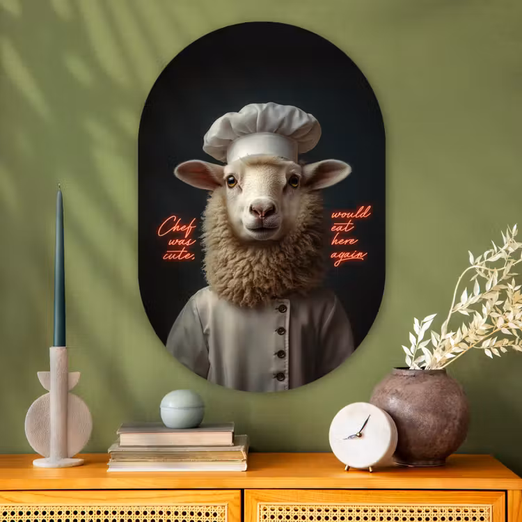 Muurovaal - Glas - Schaap - Kokskleding - Neon - Quote — 2