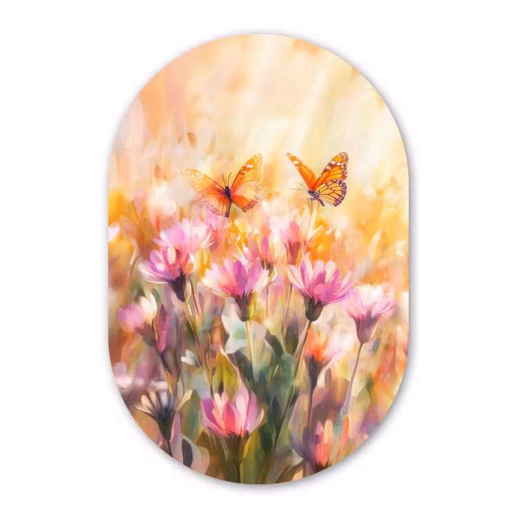 Muurovaal - Glas - Vlinders - Oranje - Bloemen — 1