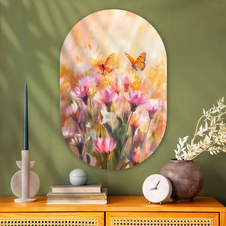 Muurovaal - Glas - Vlinders - Oranje - Bloemen — 2