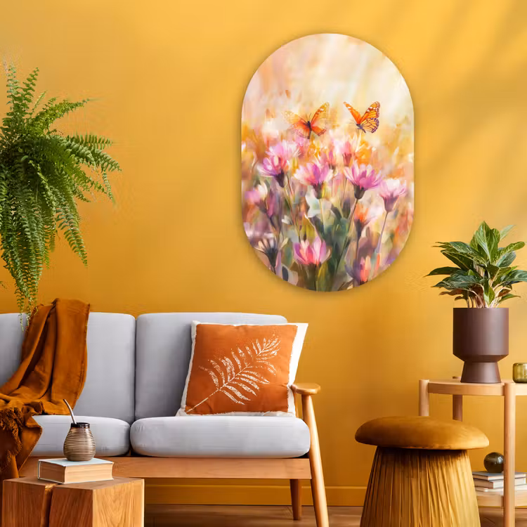 Muurovaal - Glas - Vlinders - Oranje - Bloemen — 3
