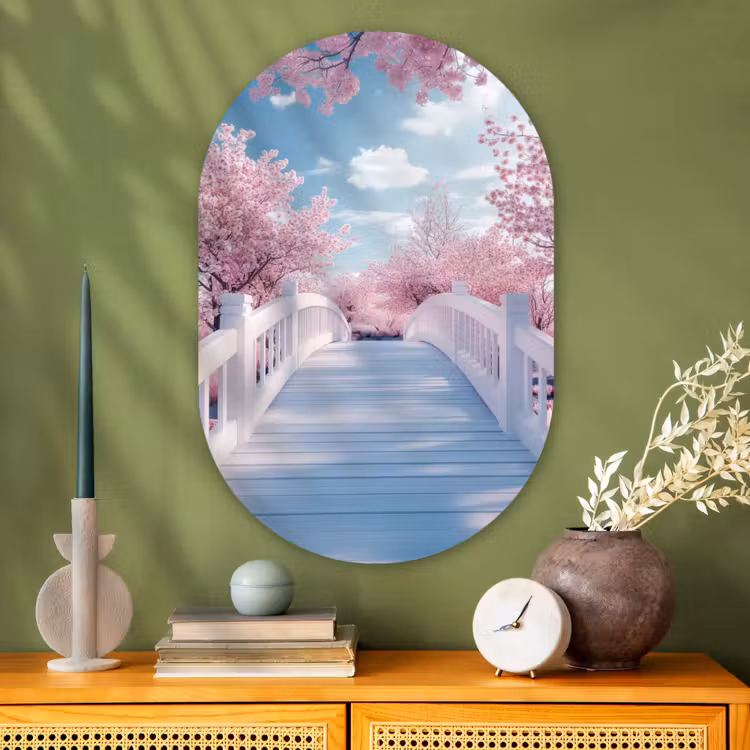Muurovaal - Glas - Brug - Kersenbomen - Wit — 2