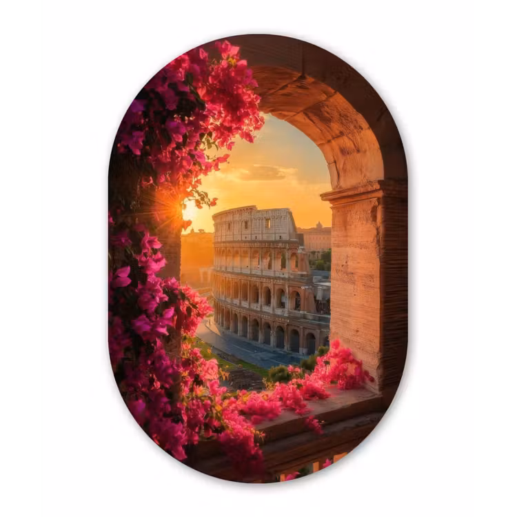 Muurovaal - Glas - Colosseum - Rome - Roze Bloemen — 1