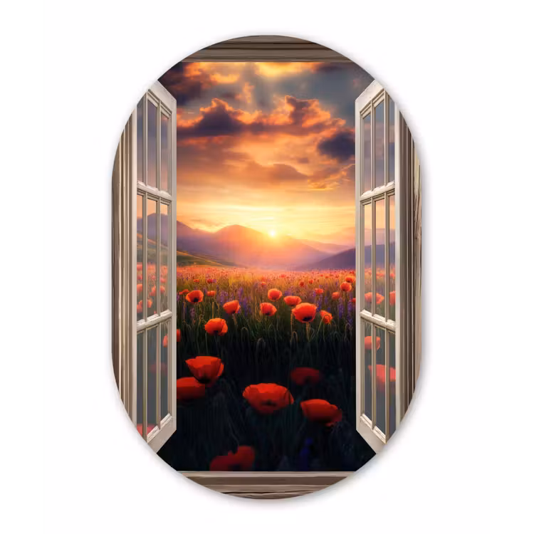 Muurovaal - Glas - Doorkijk - Klaprozen - Bloemen - Rood - Open raam — 1