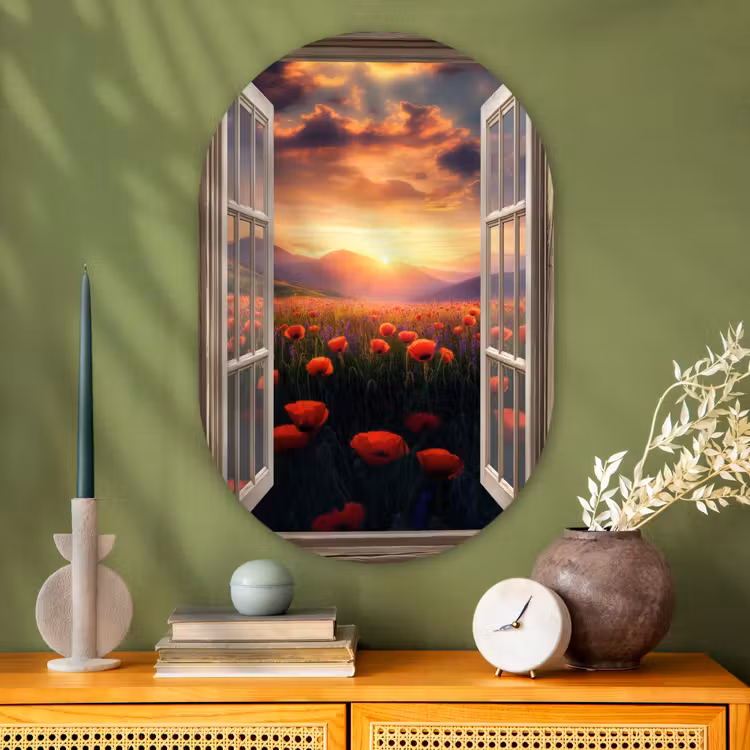 Muurovaal - Glas - Doorkijk - Klaprozen - Bloemen - Rood - Open raam — 2