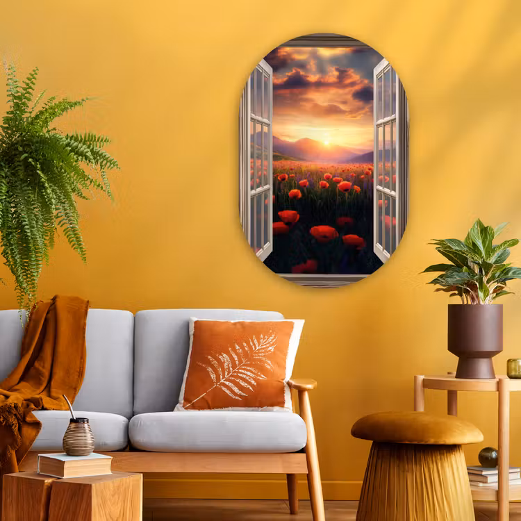 Muurovaal - Glas - Doorkijk - Klaprozen - Bloemen - Rood - Open raam — 3
