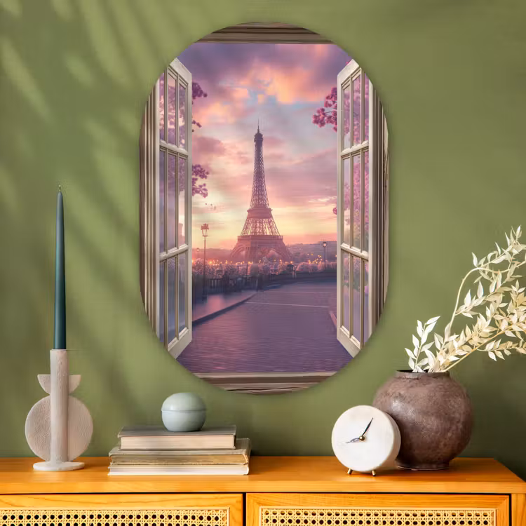 Muurovaal - Glas - Doorkijk - Parijs - Eiffeltoren - Roze - Kersenbloesem — 2