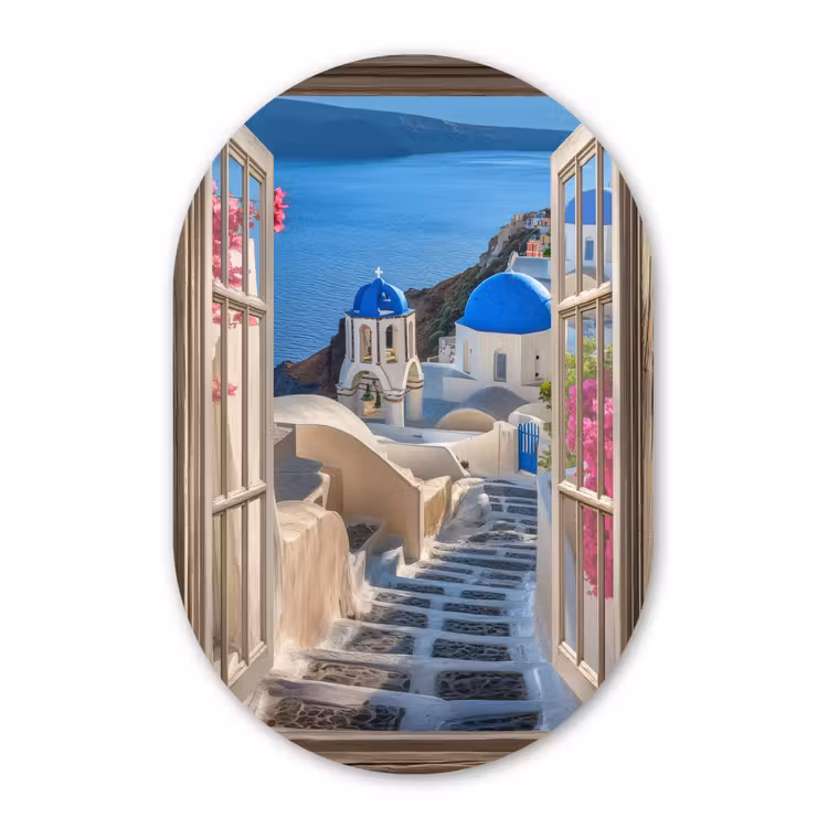 Muurovaal - Glas - Doorkijk - Santorini - Landschap - Blauw - Grieks — 1