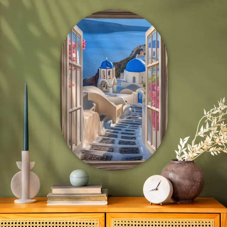 Muurovaal - Glas - Doorkijk - Santorini - Landschap - Blauw - Grieks — 2