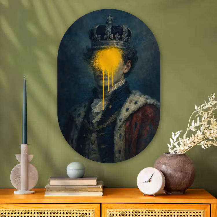 Muurovaal - Glas - Koning - Portret - Druipende gele verf — 2