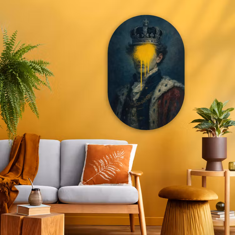 Muurovaal - Glas - Koning - Portret - Druipende gele verf — 3
