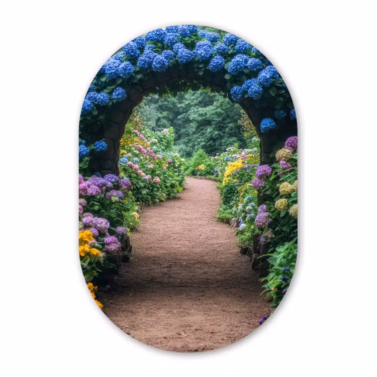 Muurovaal - Glas - Doorkijk - Bloemen - Hortensia - Pad — 1