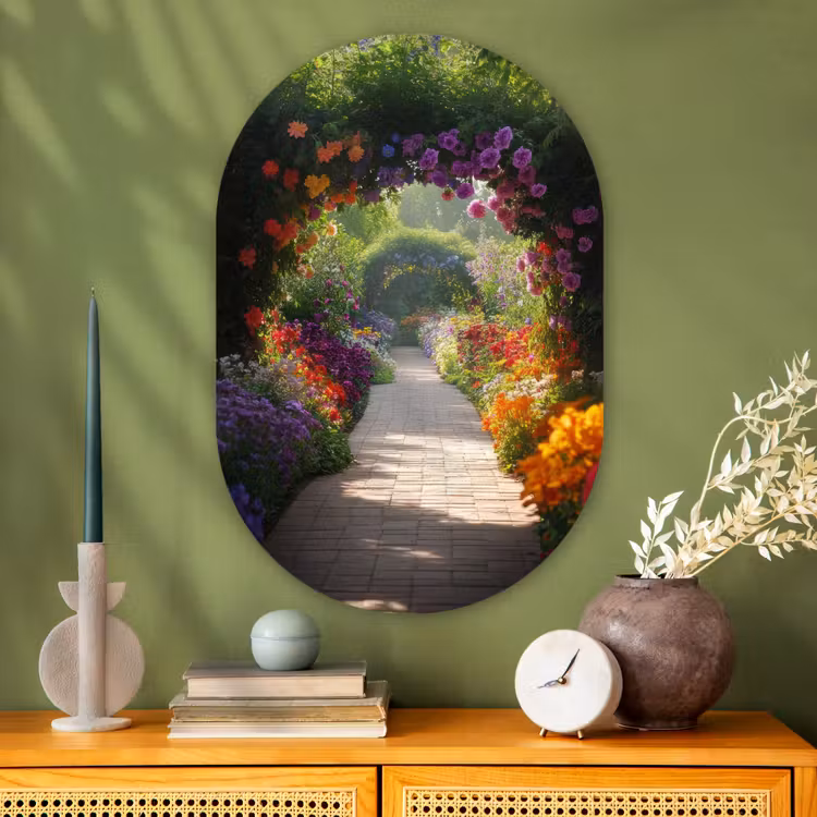 Muurovaal - Glas - Doorkijk - Pad - Bloemen - Struik - Kleurrijk — 2