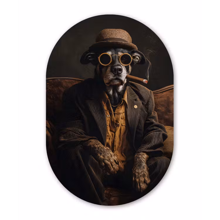 Muurovaal - Glas - Hond - Sigaar - Hoed - Pak — 1