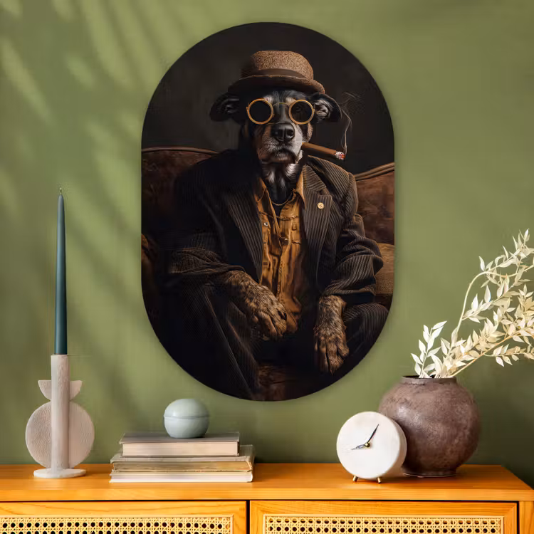 Muurovaal - Glas - Hond - Sigaar - Hoed - Pak — 2