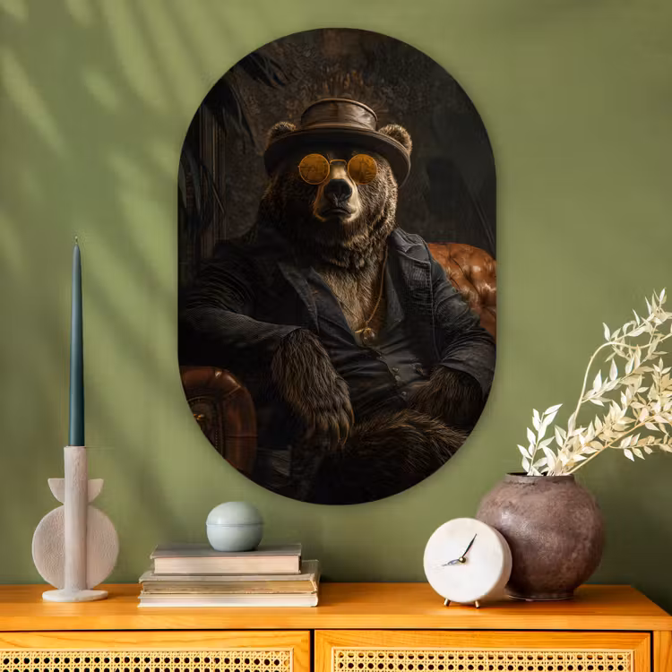 Muurovaal - Glas - Beer - Bruin - Pak - Hoed — 2