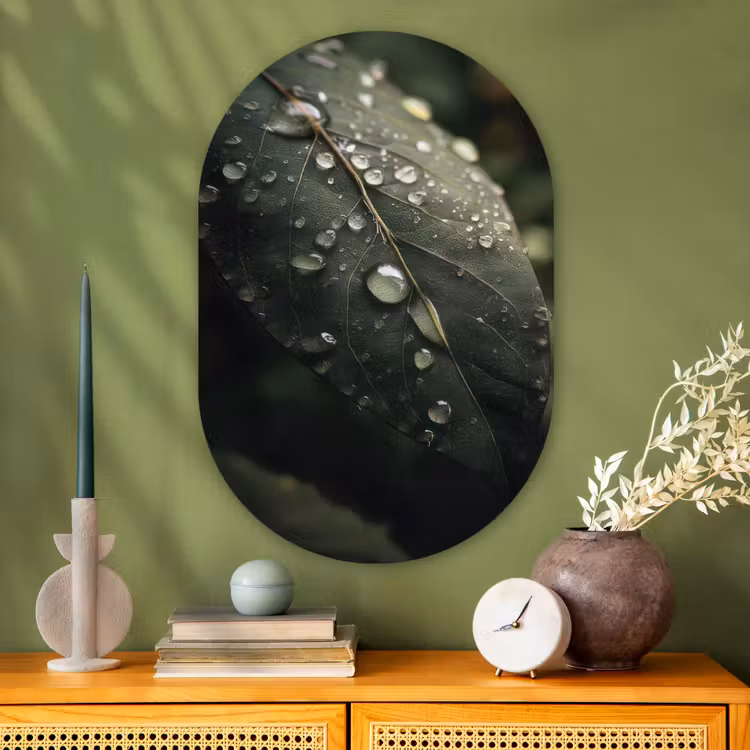 Muurovaal - Glas - Blad - Groen - Nerven - Regendruppels — 2