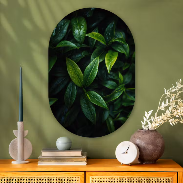 Muurovaal - Glas - Bladeren - Regendruppels - Licht - Groen — 2