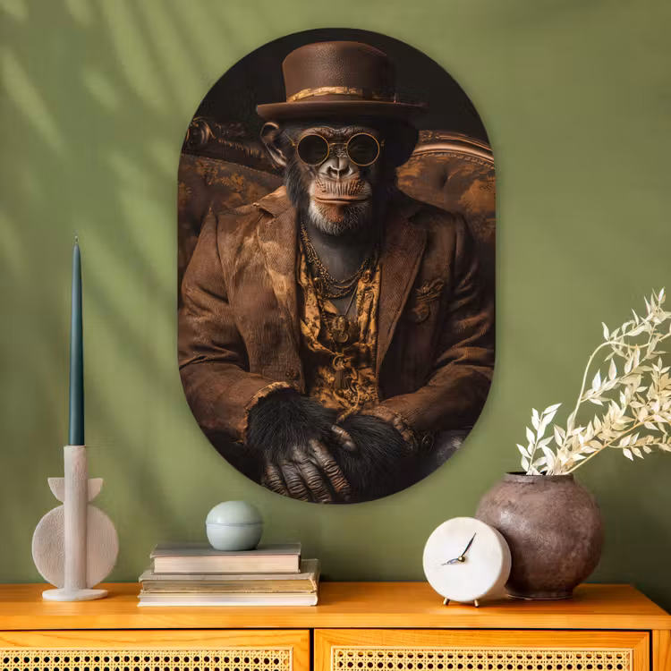 Muurovaal - Glas - Chimpansee - Stoel - Pak - Bruin — 2