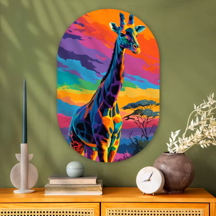 Muurovaal - Glas - Giraffe - Savanna - Lucht - Gekleurd — 2